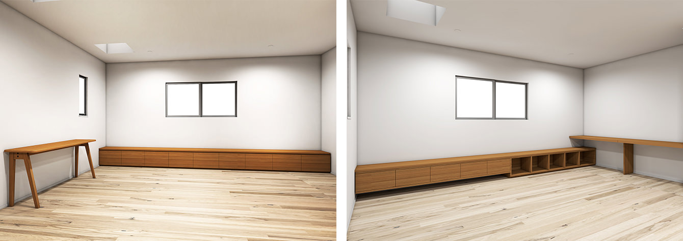 CGデザインの初回（左）と最終回（右）。当初の提案では収納下のスペースは存在してなかった