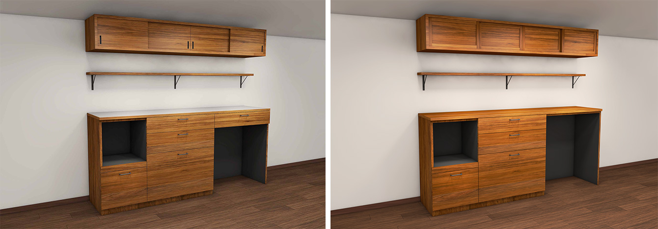 CGデザインの初回（左）と2回目（右）。キッチントップをステンレスからウォルナット材に変更した。